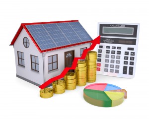House with solar panels calculator schedule and coins Isolated render on a white background